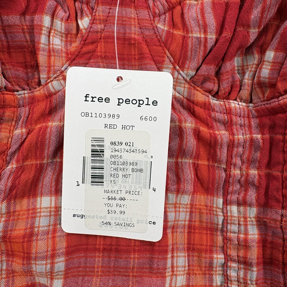 Free People Cherry Bomb Blouse Womens XS Red Plaid Off Shoulder Crop Babydoll - Picture 5 of 14